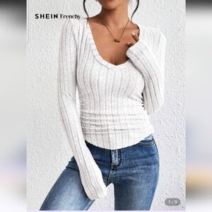 SHEIN 3 Pack Frenchy Women's Ribbed V Neck Grain Fabric Long Sleeve Sweater